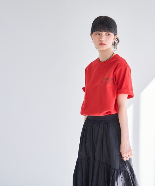 tシャツ 異素材 刺繍 ロゴ Tシャツ レディース 刺繍ロゴダメージビッグTシャツ(ホワイト) | COPINE