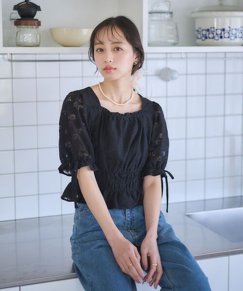 シャツ/ブラウス(半袖/袖なし) flower - eternal lace top Lace Ladies 立ち襟 レース 半袖 ブラウス シャツ ホワイト