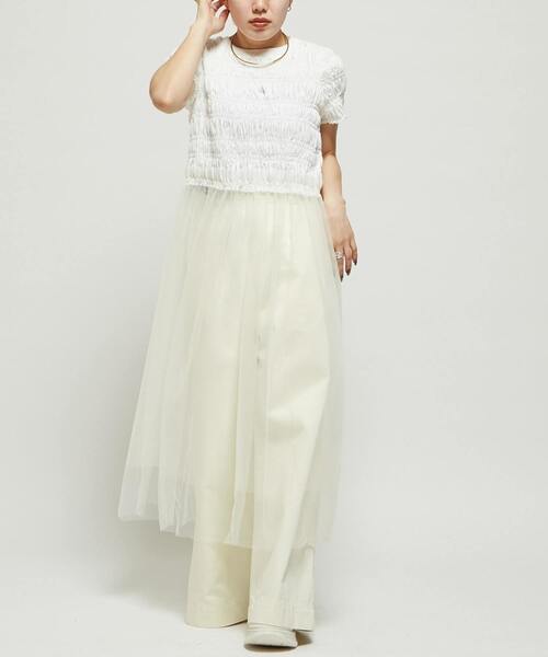CONVERSE TOKYO（コンバーストウキョウ）の「【HL】SHIRRING TULLE DOCKING DRESS（ワンピース・レディース・ホワイト/ブラック/ブルー・FREE）」の8枚目の写真