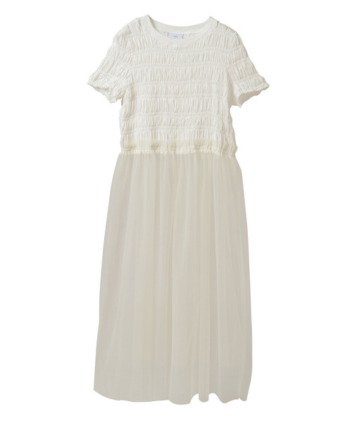 CONVERSE TOKYO（コンバーストウキョウ）の「【HL】SHIRRING TULLE DOCKING DRESS（ワンピース・レディース・ホワイト/ブラック/ブルー・FREE）」の12枚目の写真