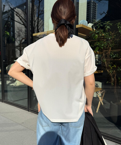 ブラウス シャツ リネンライクハイツイストAURORAロゴTEE レディース DouDou ブラウス シャツ リネンライクハイツイストAURORAロゴTEE