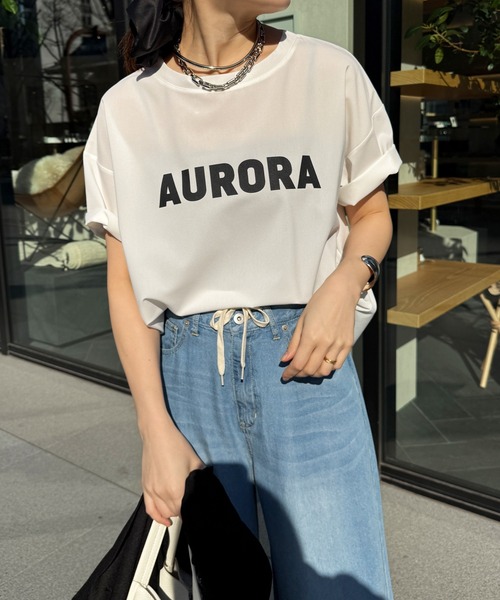 ブラウス シャツ リネンライクハイツイストAURORAロゴTEE レディース DouDou ブラウス シャツ リネンライクハイツイストAURORAロゴTEE