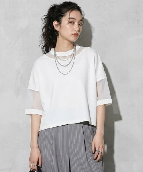 DIP IN CHOCOLATE(ディップインチョコレート)の「コンビネーションシアーカットソー【DIP IN CHOCOLATE】(Tシャツ/カットソー・レディース・ブラック/ライトグレー/オフホワイト・F)」の2枚目の写真