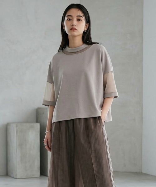 DIP IN CHOCOLATE(ディップインチョコレート)の「コンビネーションシアーカットソー【DIP IN CHOCOLATE】(Tシャツ/カットソー・レディース・ブラック/ライトグレー/オフホワイト・F)」の1枚目の写真