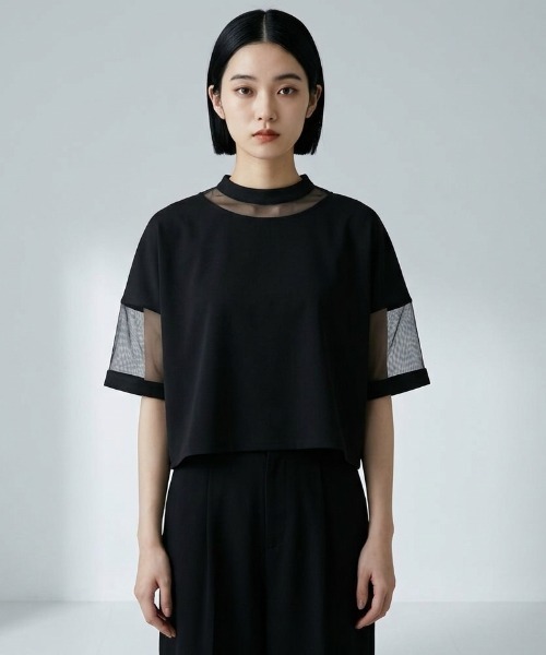 DIP IN CHOCOLATE(ディップインチョコレート)の「コンビネーションシアーカットソー【DIP IN CHOCOLATE】(Tシャツ/カットソー・レディース・ブラック/ライトグレー/オフホワイト・F)」の3枚目の写真