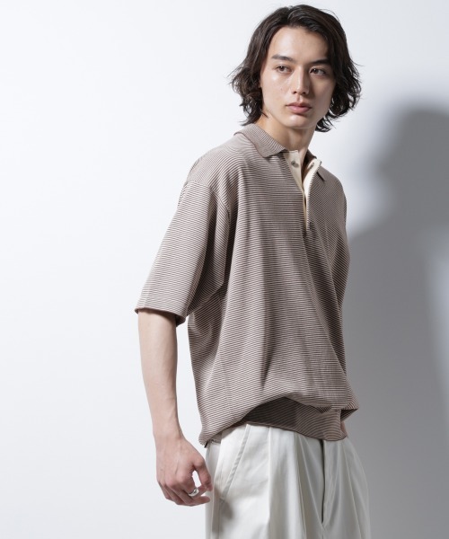 NANO universe（ナノユニバース）の「ハイゲージマイクロボーダーニットポロ（ポロシャツ・メンズ・チャコール/ブラウン・M/L）」の11枚目の写真