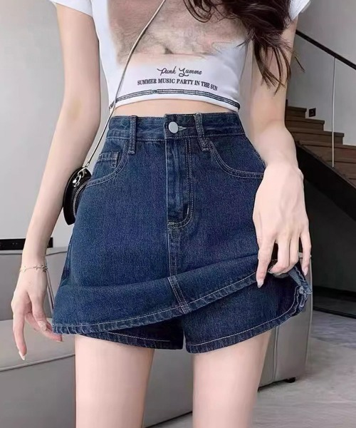 Miniministore(ミニミニストア)の「デニムスカパンハイウエストショートパンツ(デニムパンツ・レディース・インディゴブルー・XL/M/L/S)」の1枚目の写真