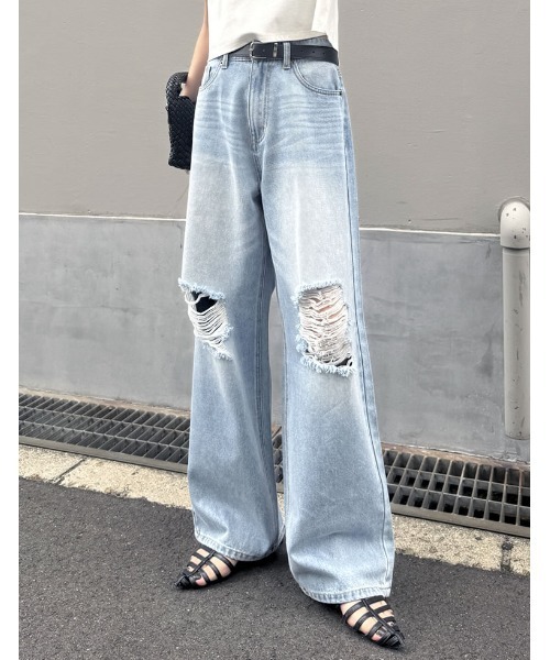 ダメージジーンズ ストレートワイド r-2049 ダメージジーンズ ダメージ加工 ワイドストレートデニム ワイド