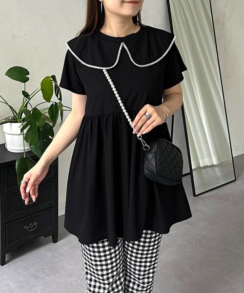 prose verse（プロズヴェール）の「パールカラーペプラムトップス（Tシャツ/カットソー・レディース・ブラック/オフホワイト・LARGE/MEDIUM）」の2枚目の写真