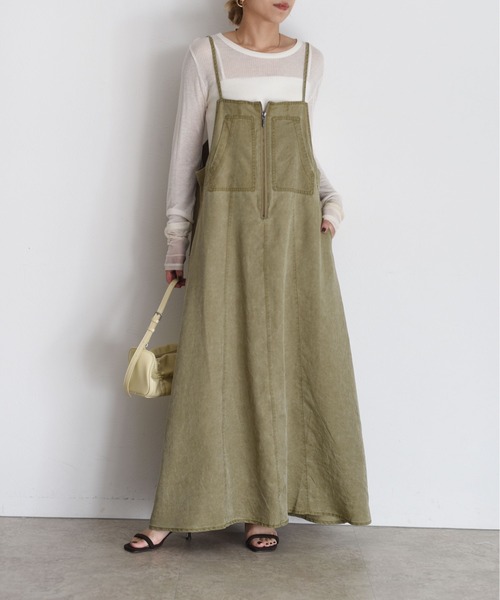 Eimee Law（エイミーロウ）の「バイオ加工 フロントZIP ジャンスカ（ジャンパースカート・レディース・スミクロ/オリーブ・FREE）」の2枚目の写真