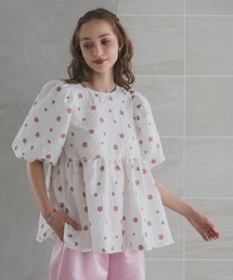 ブラウス シャツ ペプラムフラワーパフスリーブブラウス レディース MERAKI（ファッション） ブラウス シャツ フラワー襟