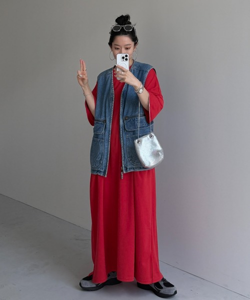 wee9s(ウィークス)の「HANSODE super loose light sweatee one piece / 半袖スウェッティーワンピース(スーパールーズタイプ)(ワンピース・レディース・ネイビー/レッド/ブラック/ベビーピンク/チェリーピンク/グレー/ミント/チャコール・FREE/SHORT/LONG)」の21枚目の写真