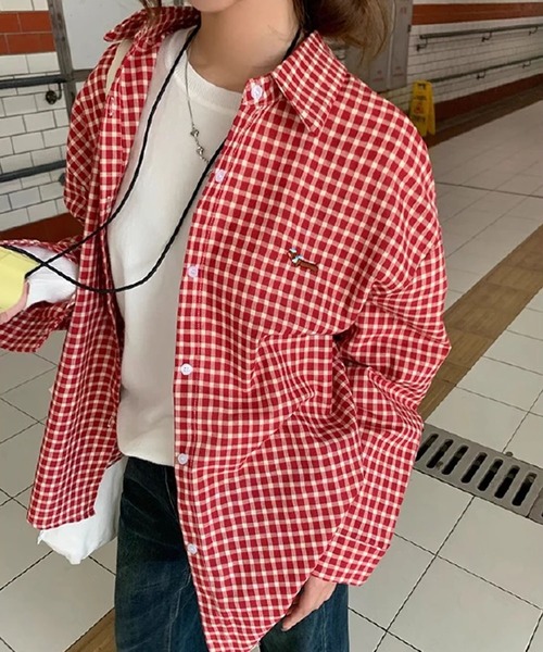 セール】ワンポイント刺繍 ギンガムチェックシャツ（シャツ/ブラウス