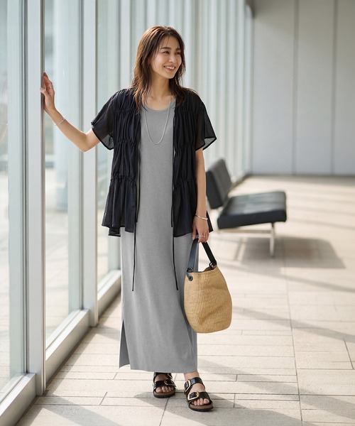 STYLE DELI(スタイルデリ)の「ダブルガーゼシフォンのリボン留めチュニックカーディガン(シャツ/ブラウス・レディース・ブラック/ライトベージュ・FREE)」の16枚目の写真