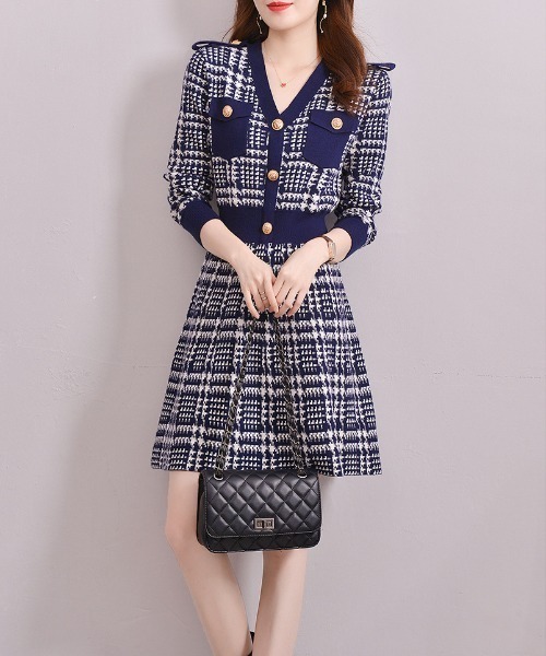 Mejoul（メジュール）の「千鳥柄 ウエスト切替 ニットミニワンピース（ワンピース・レディース・ブラック/ネイビー・L/M）」の6枚目の写真