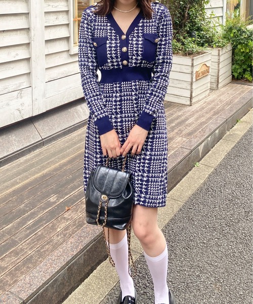 セール】【2025秋冬新作】千鳥柄 金ボタン Vネックニットワンピース