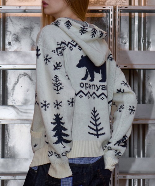 OY(オーワイ)の「『OY/オーワイ』POLAR BEAR KNIT HOODIE ZIP UP/ポーラーベアジップアップニット(ニット/セーター・レディース・ブラック/アイボリー・L/M)」の2枚目の写真