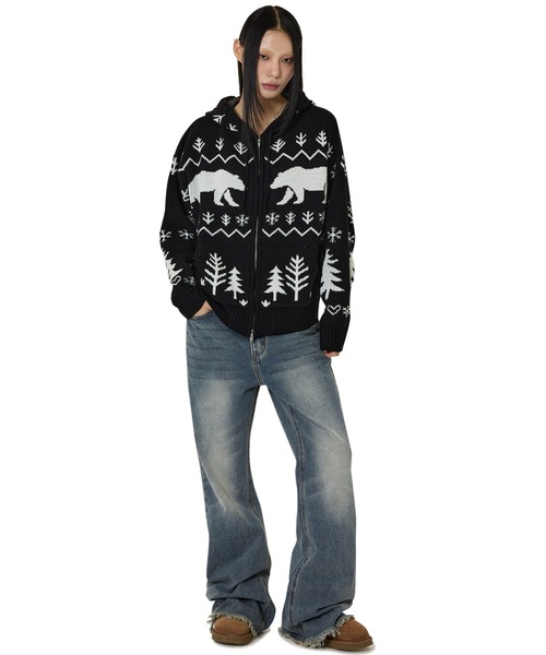 OY(オーワイ)の「『OY/オーワイ』POLAR BEAR KNIT HOODIE ZIP UP/ポーラーベアジップアップニット(ニット/セーター・レディース・ブラック/アイボリー・L/M)」の6枚目の写真