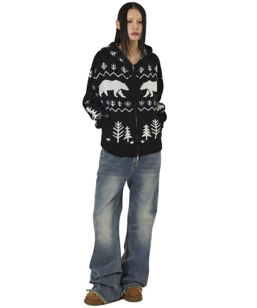 OY(オーワイ)の「『OY/オーワイ』POLAR BEAR KNIT HOODIE ZIP UP/ポーラーベアジップアップニット(ニット/セーター・レディース・ブラック/アイボリー・L/M)」の7枚目の写真