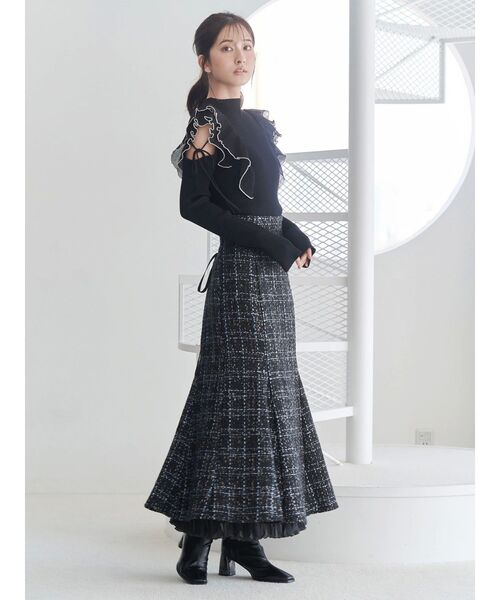 未使用同様　ミュウミュウ　鍵編みレース裾ツイードスカート　黒 丈42cm］チェーン付き裾レースプリーツスカート（ミニスカート｜黒・赤