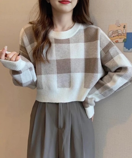 SallyLunn(サリーラン)の「ブロックチェックショート丈セーター(ニット/セーター・レディース・ブラック/ブルー/ベージュ・LARGE/MEDIUM)」の3枚目の写真