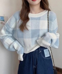 ブロックチェックショート丈セーター