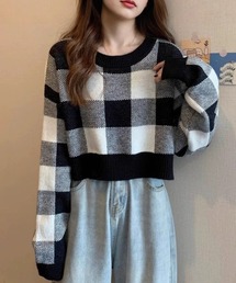 ブロックチェックショート丈セーター