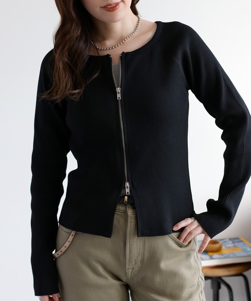 cepo（セポ）の「ダブルジップニットカーディガン（カーディガン/ボレロ・レディース・ブラック/オフホワイト・M）」の2枚目の写真