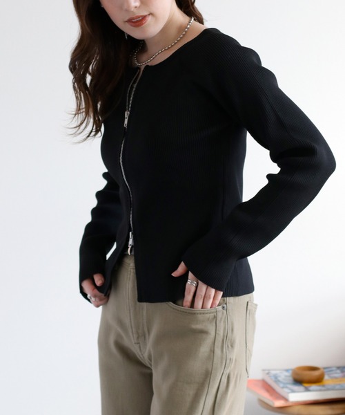 cepo（セポ）の「ダブルジップニットカーディガン（カーディガン/ボレロ・レディース・ブラック/オフホワイト・M）」の3枚目の写真