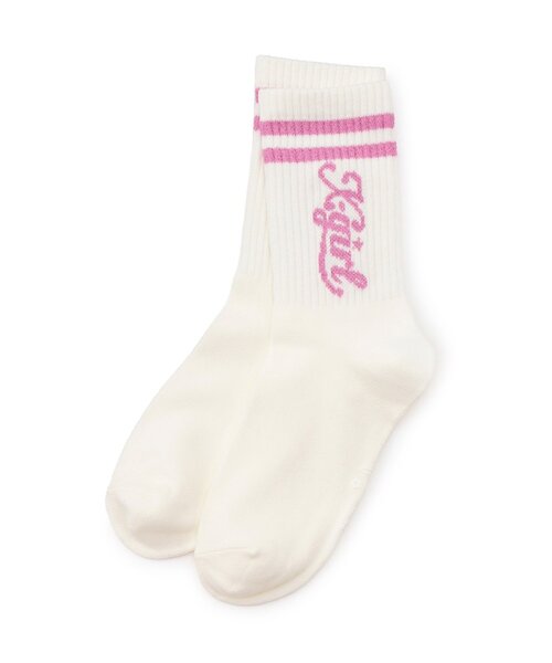 X-girl Stages（エックスガールステージス）の「ラメラインロゴリブクルーソックス（ソックス/靴下・キッズ・オフホワイト/ブラック/ラベンダー・17-19cm/19-21cm/15-17cm）」の2枚目の写真