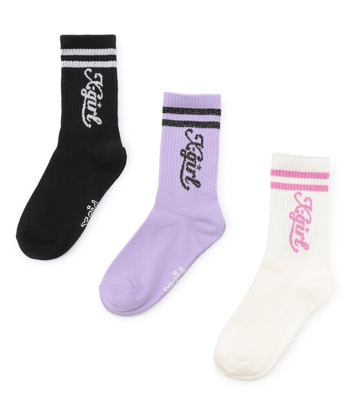 X-girl Stages（エックスガールステージス）の「ラメラインロゴリブクルーソックス（ソックス/靴下・キッズ・オフホワイト/ブラック/ラベンダー・17-19cm/19-21cm/15-17cm）」の7枚目の写真