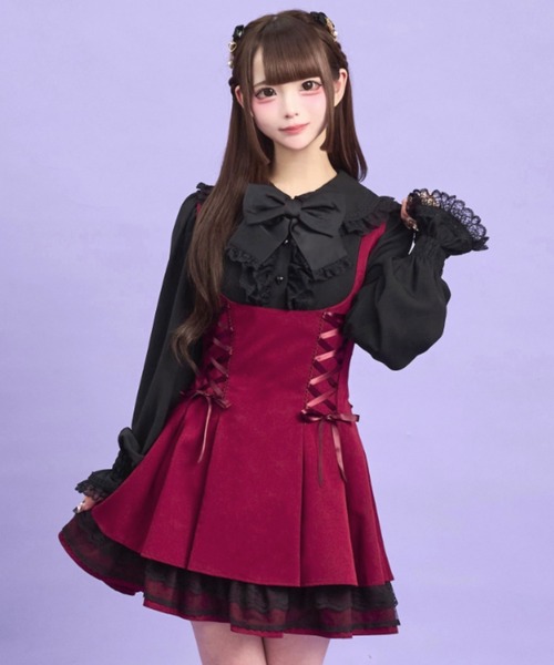 Secret Honey(シークレットハニー)の「サイドレースアップジャンドレ(スカート・レディース・ブラック/ワインレッド・MEDIUM)」の1枚目の写真