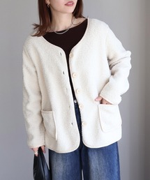 ノーカラージャケット（ホワイト/白色系・ボア）ファッション通販