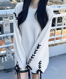 レースアップチュニックニット