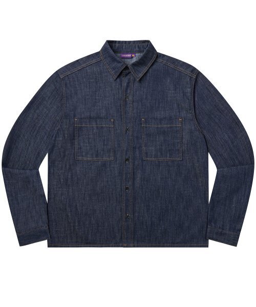 [夏][ノンフェード] 2ポケットデニムワークシャツ長袖 - ディープブルー