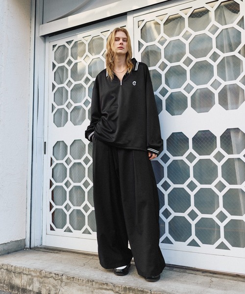 ワンポイントロゴ刺繍ドローコード付鹿の子ポンチハーフジップ