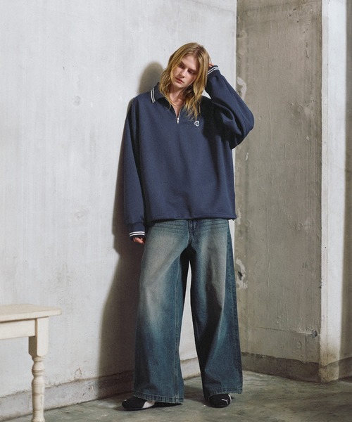 ワンポイントロゴ刺繍ドローコード付鹿の子ポンチハーフジップ