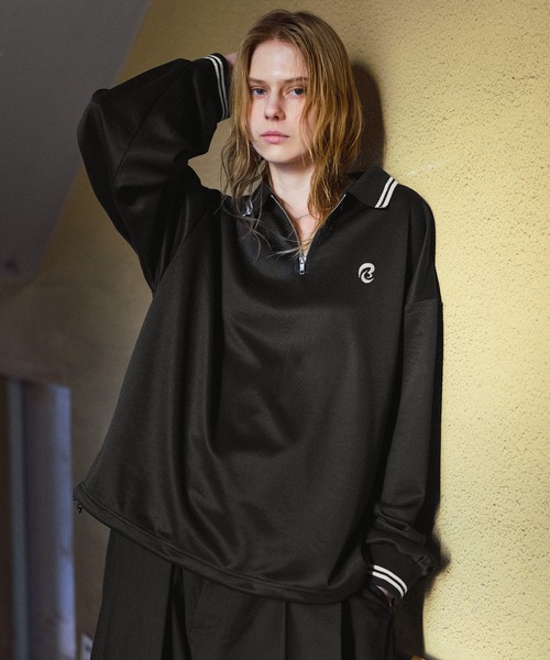 GW期間限定値下げ！ XANDER ZHOU ブラック ハーフジップ ポロシャツ ワンポイントロゴ刺繍ドローコード付鹿の子ポンチハーフジップ