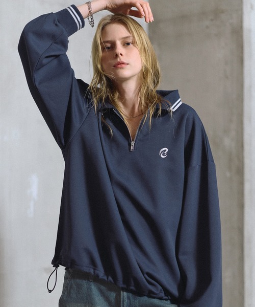 ワンポイントロゴ刺繍ドローコード付鹿の子ポンチハーフジップ