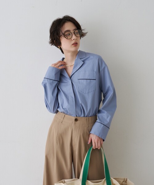 Rouge vif(ルージュヴィフ)の「【セットアップ対応】オープンカラーシャツ(シャツ/ブラウス・レディース・サックスブルー/ストライプ・フリー)」の4枚目の写真