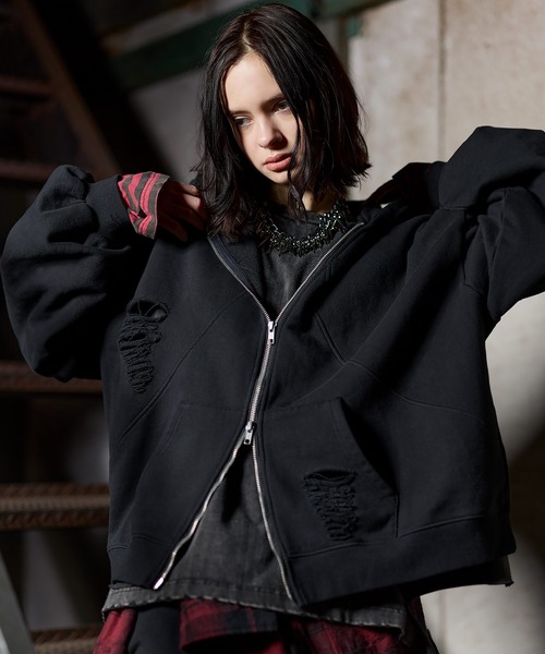 ERAR（エラー）の「【ERAR】ヴィンテージ加工ハイダメージデザインダブルジップパーカー（パーカー・メンズ・ブラック系/ブラック・S/M/L/XL）」の2枚目の写真