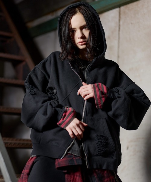 ERAR（エラー）の「【ERAR】ヴィンテージ加工ハイダメージデザインダブルジップパーカー（パーカー・メンズ・ブラック系/ブラック・S/M/L/XL）」の5枚目の写真