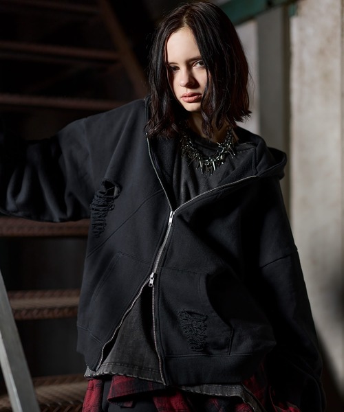 ERAR（エラー）の「【ERAR】ヴィンテージ加工ハイダメージデザインダブルジップパーカー（パーカー・メンズ・ブラック系/ブラック・S/M/L/XL）」の7枚目の写真