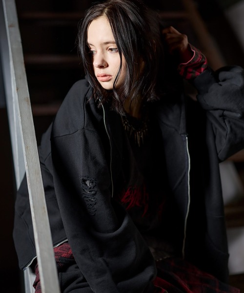 ERAR（エラー）の「【ERAR】ヴィンテージ加工ハイダメージデザインダブルジップパーカー（パーカー・メンズ・ブラック系/ブラック・S/M/L/XL）」の8枚目の写真