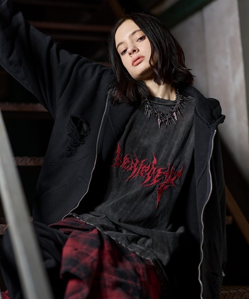 ERAR（エラー）の「【ERAR】ヴィンテージ加工ハイダメージデザインダブルジップパーカー（パーカー・メンズ・ブラック系/ブラック・S/M/L/XL）」の11枚目の写真