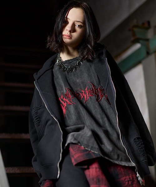 ERAR（エラー）の「【ERAR】ヴィンテージ加工ハイダメージデザインダブルジップパーカー（パーカー・メンズ・ブラック系/ブラック・S/M/L/XL）」の13枚目の写真