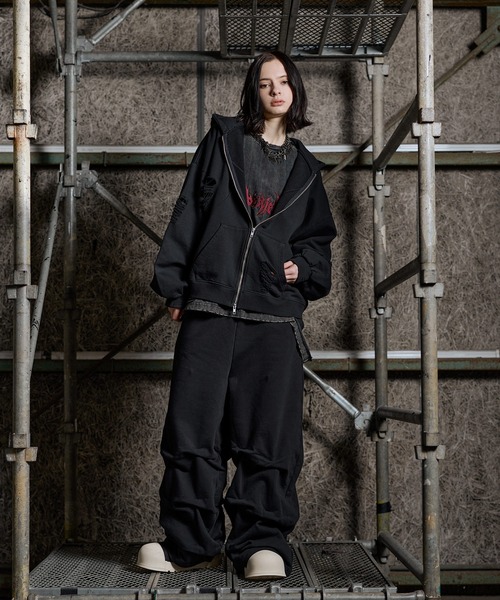 ERAR（エラー）の「【ERAR】ヴィンテージ加工ハイダメージデザインダブルジップパーカー（パーカー・メンズ・ブラック系/ブラック・S/M/L/XL）」の14枚目の写真