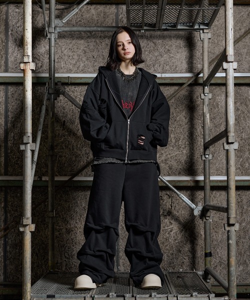 ERAR（エラー）の「【ERAR】ヴィンテージ加工ハイダメージデザインダブルジップパーカー（パーカー・メンズ・ブラック系/ブラック・S/M/L/XL）」の18枚目の写真