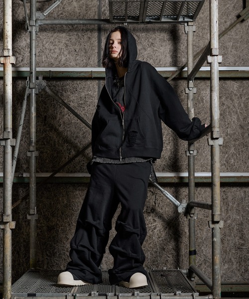 ERAR（エラー）の「【ERAR】ヴィンテージ加工ハイダメージデザインダブルジップパーカー（パーカー・メンズ・ブラック系/ブラック・S/M/L/XL）」の20枚目の写真