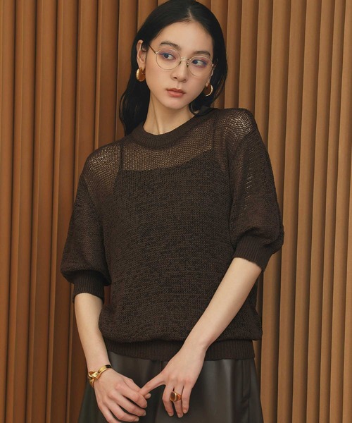 ELFRANK(エルフランク)の「シアーサマーニットプルオーバー 半袖 透かし編み ドロップショルダー 透け感《着用動画あり》(ニット/セーター・レディース・アイボリー/ブラックミックス/ダークブラウン・M/L)」の20枚目の写真
